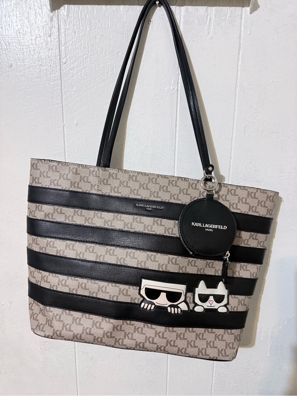 Karl Lagerfeld Beige & Black KL Monogram Stripe Tote with Logo Charm